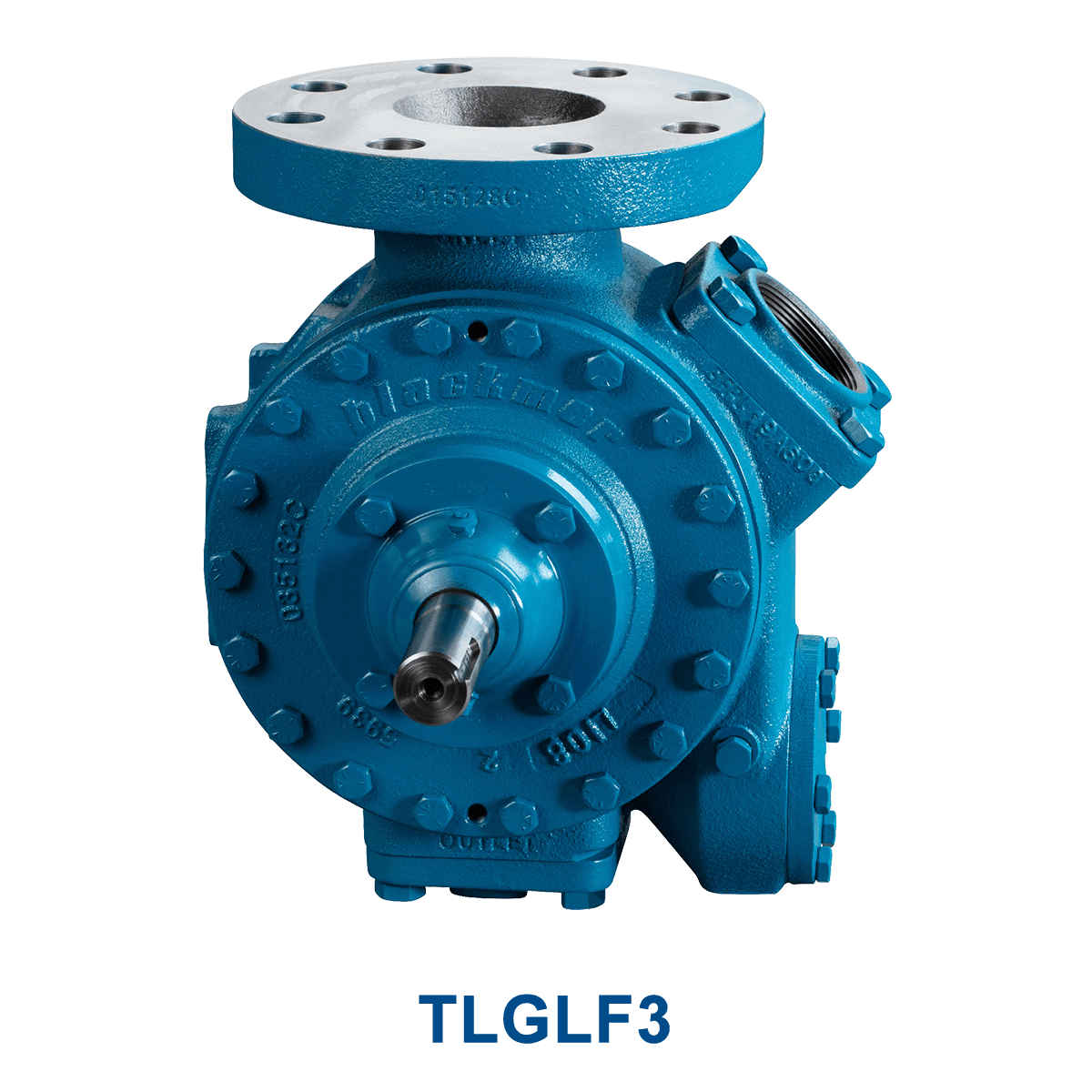 Blue industrial pump labeled "TLGLF3C" against a black background. This Blackmer Sliding Vane Pump - 3" Flanged, Double-Ended Shaft features various inlets and outlets with a cylindrical central shaft, making it ideal for handling LPG and NH3 applications.
