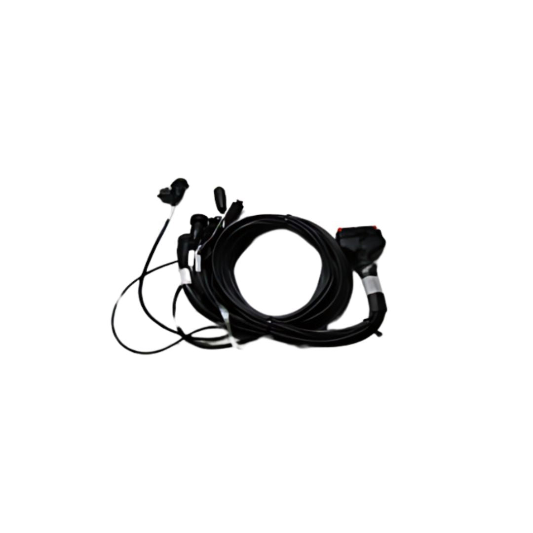 A coiled black cable, the Outback eDrive XD/XC Main Cable - For REBEL, STX & MAX (050-0016-01#), featuring connectors on each end and set against a white background, is essential for autosteer performance in precision agriculture utilizing the Outback guidance system.