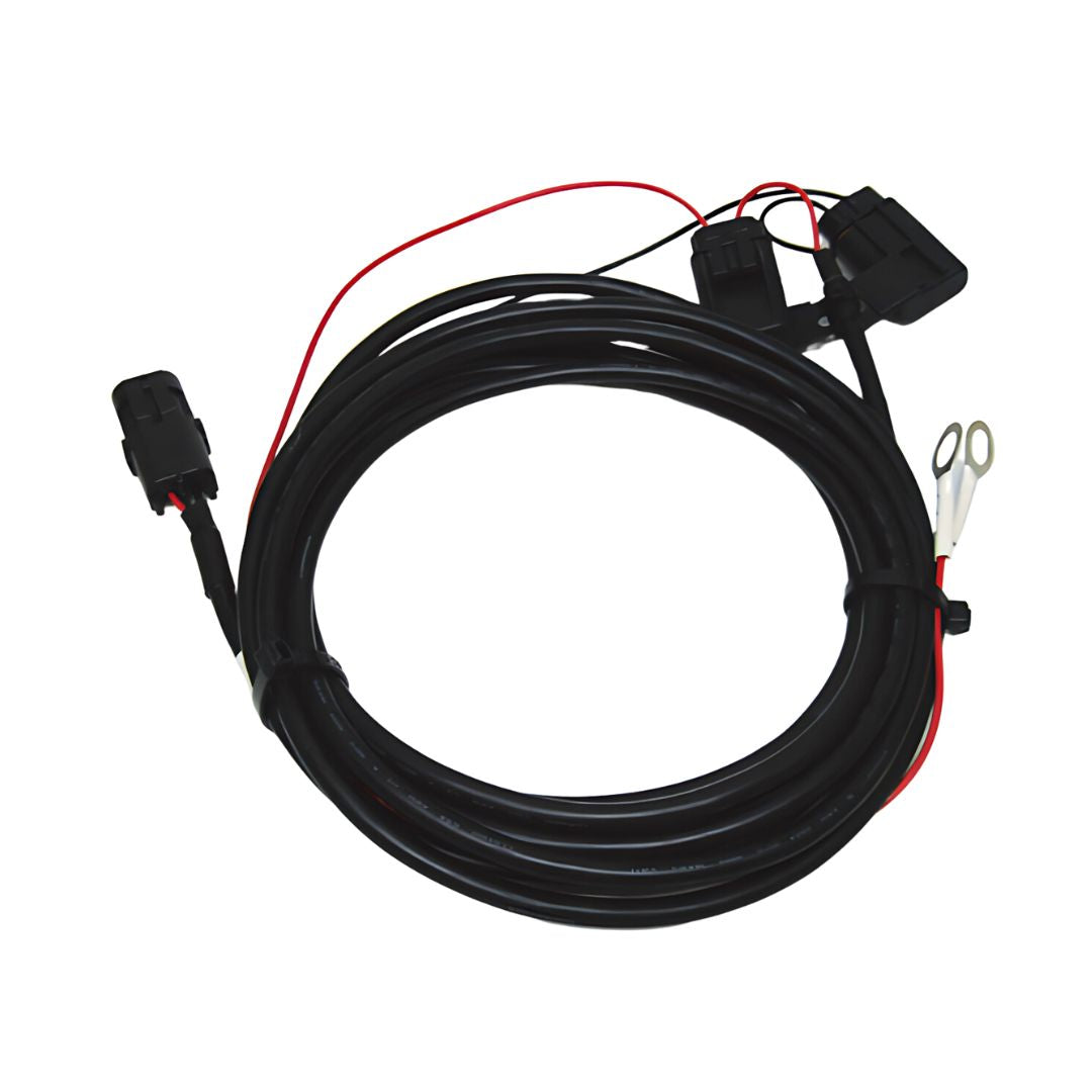 The Outback Cable, Power, ECU, 4.5 m (051-0364-000#) features a coiled black wire harness with connectors and red wires, specifically designed for ECU systems in Outback applications, making it ideal for agricultural equipment that needs reliable electrical connections.
