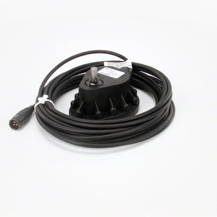The Raven Granular Encoder is elegantly showcased: a black cable winds around the circular electrical component, complete with a plug at one end, and set against a plain white background.
