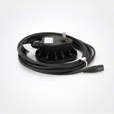 Raven Granular Encoder - 25' Cable, 50 RPM, 180 CPR (063-0171-443), a black rotary encoder featuring a long cable and connector on a light background, is engineered for precision sensor needs in agricultural applications.