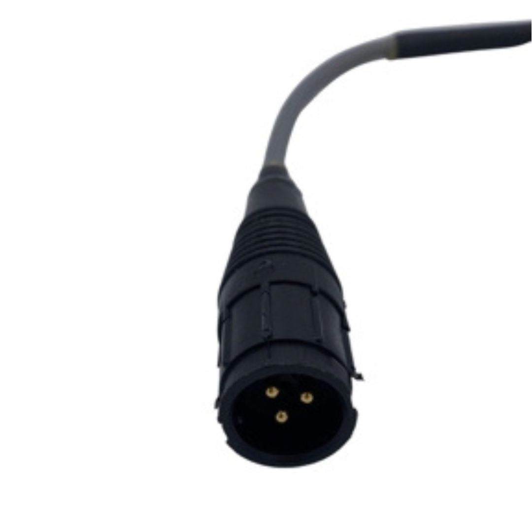 Close-up of a black XLR cable connector with three pins, similar to the precise connections in the Raven Flow Meter Sensor, Standard Pulse Conxall, isolated on a white background.