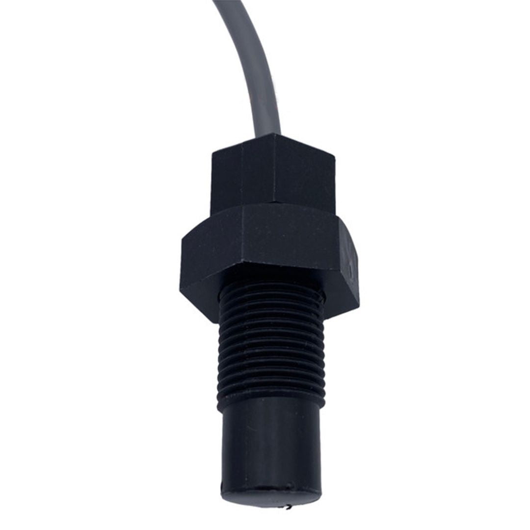 A close-up image of the Raven Flow Meter Sensor, Standard Pulse Conxall, featuring a black plastic threaded body with an attached cable, ideal for precision flow measurement, set against a white background.