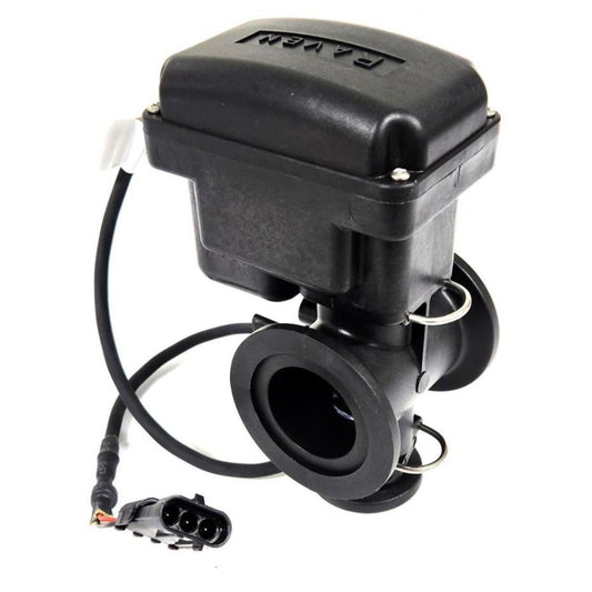 The Raven Boom Valve Single Section Manifold ON/OFF M200 X M100, branded by Raven, is housed in a compact rectangular casing and features a black electronic design. It is equipped with wiring and connectors specifically tailored for precise liquid flow control in agricultural applications. With its dependable 3/4" FPT tubing outlet, this product ensures efficient performance.