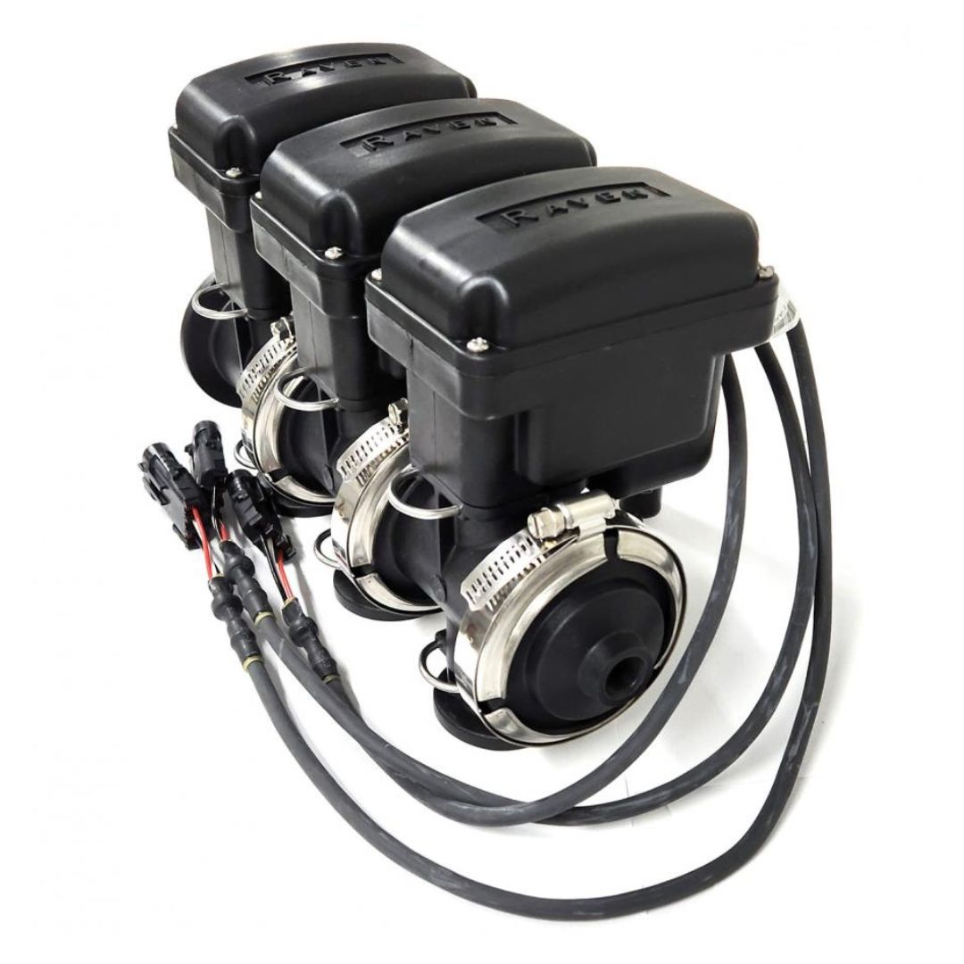 Three Raven 3 Section On/Off Manifold Valves, M200 X M100 / 3/4 FPT, in black with cables and metal clamps, are arranged in a row against a white background.