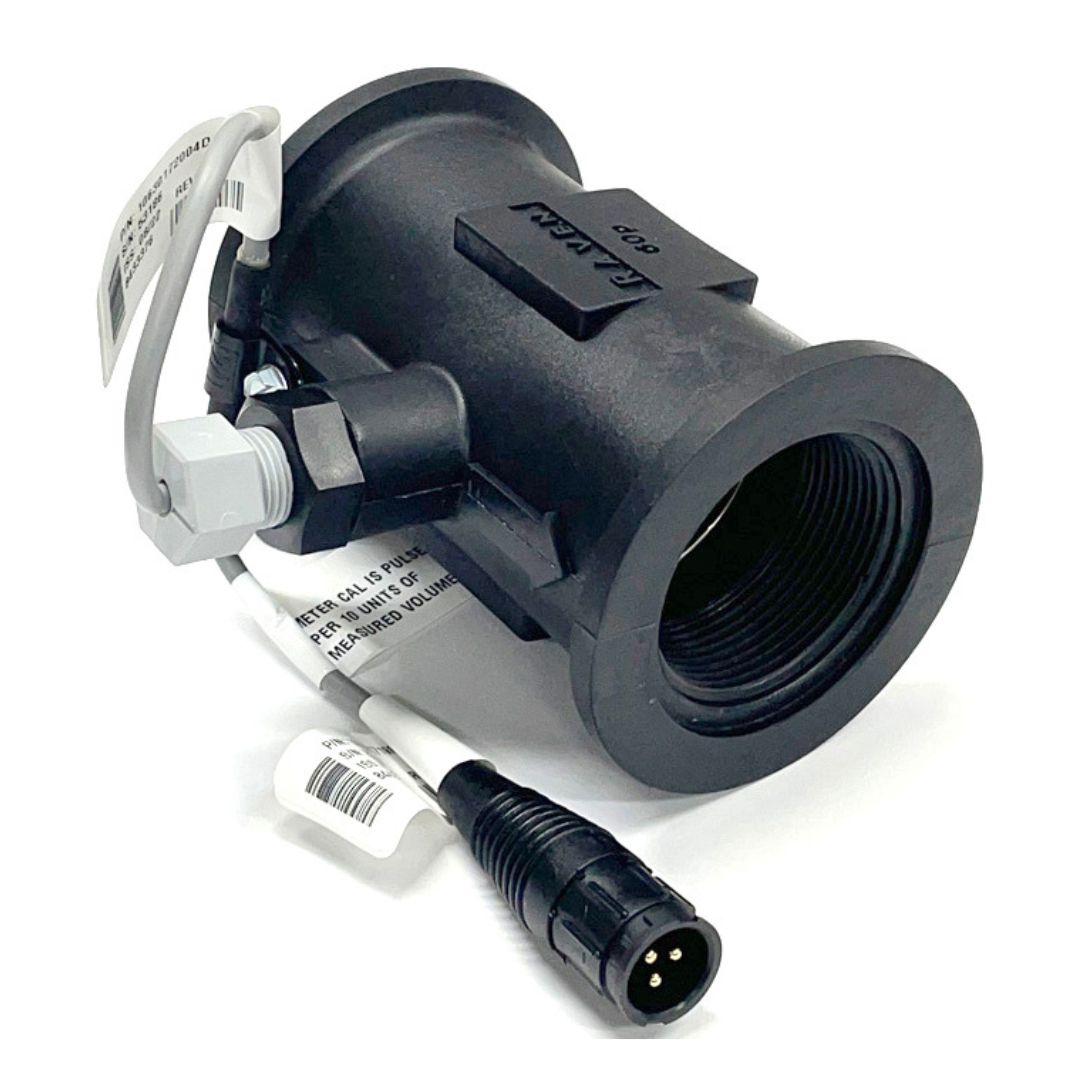 The Raven RFM 60P High Pulse 2" Poly Flow Meter M200 Flanged 1-60 GPM, a black plastic device equipped with attached wires and connectors, is designed for measuring fluid flow in a pipe system. Perfect for industrial applications, this flanged flow meter from Raven ensures accurate readings.