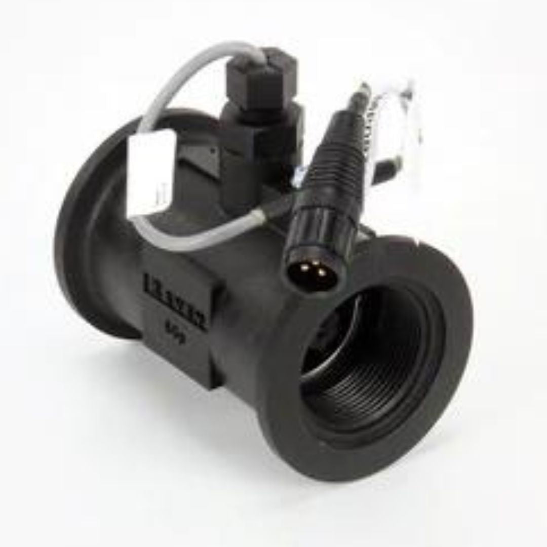 A Raven RFM 60P High Pulse 2" Poly Flow Meter M200 Flanged 1-60 GPM with attached cables, featuring a cylindrical body and open ends, placed on a white surface, suitable for various industrial applications.