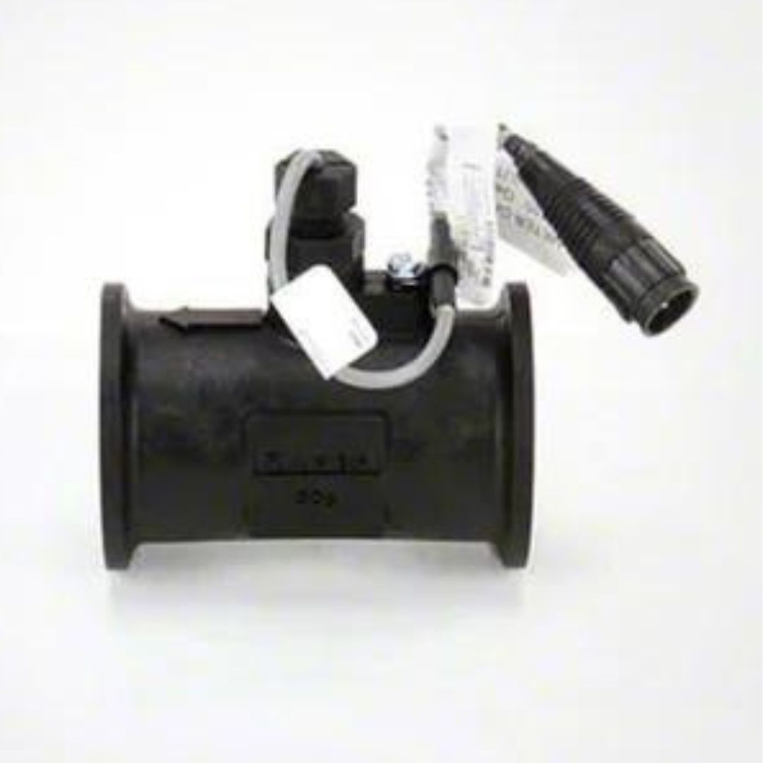 The Raven RFM 60P High Pulse 2" Poly Flow Meter M200, featuring flanged connections and supporting a flow rate of 1-60 GPM, is shown in black plastic with attached wires and connectors, ideal for industrial applications against a white background.