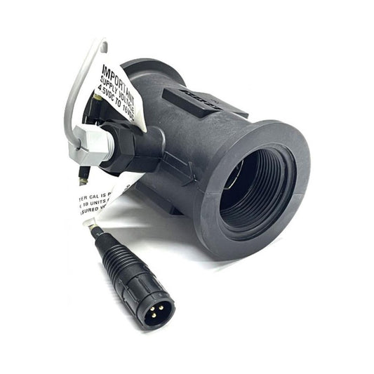 A close-up of the Raven RFM 15 High Pulse Poly Flow Meter, featuring a black electronic connector with an attached cable and a warning label in white text, set against a clean white background. This highlights the flow meter's high accuracy and reliability, essential for agricultural and industrial applications.