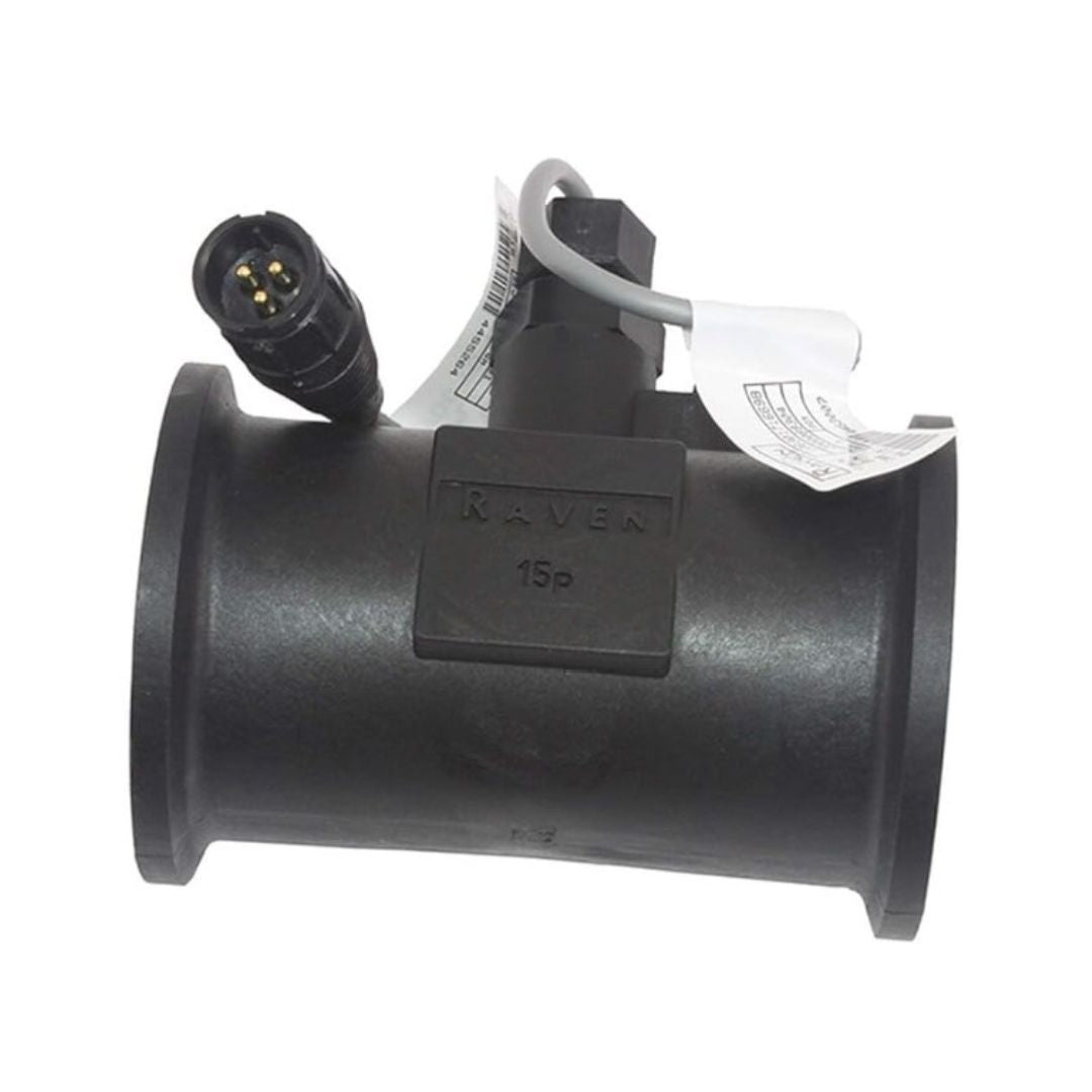 A black plastic flow meter with a connector and cable, labeled "Raven RFM 15 High Pulse Poly Flow Meter," is renowned for its high accuracy and reliability, making it ideal for both agricultural and industrial applications.