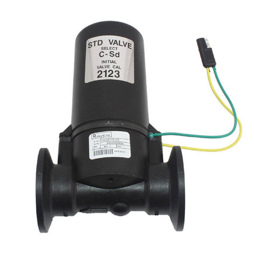 This black cylindrical valve, complete with wiring and labeled with a white "STD VALVE" and "2123" sticker, is the Raven 1" FPT/M200 Flange Standard Control Valve by Raven. It is perfect for industrial applications, ensuring precision and reliability across various systems.