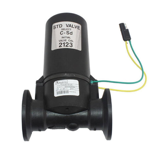 This black cylindrical valve, complete with wiring and labeled with a white "STD VALVE" and "2123" sticker, is the Raven 1" FPT/M200 Flange Standard Control Valve by Raven. It is perfect for industrial applications, ensuring precision and reliability across various systems.