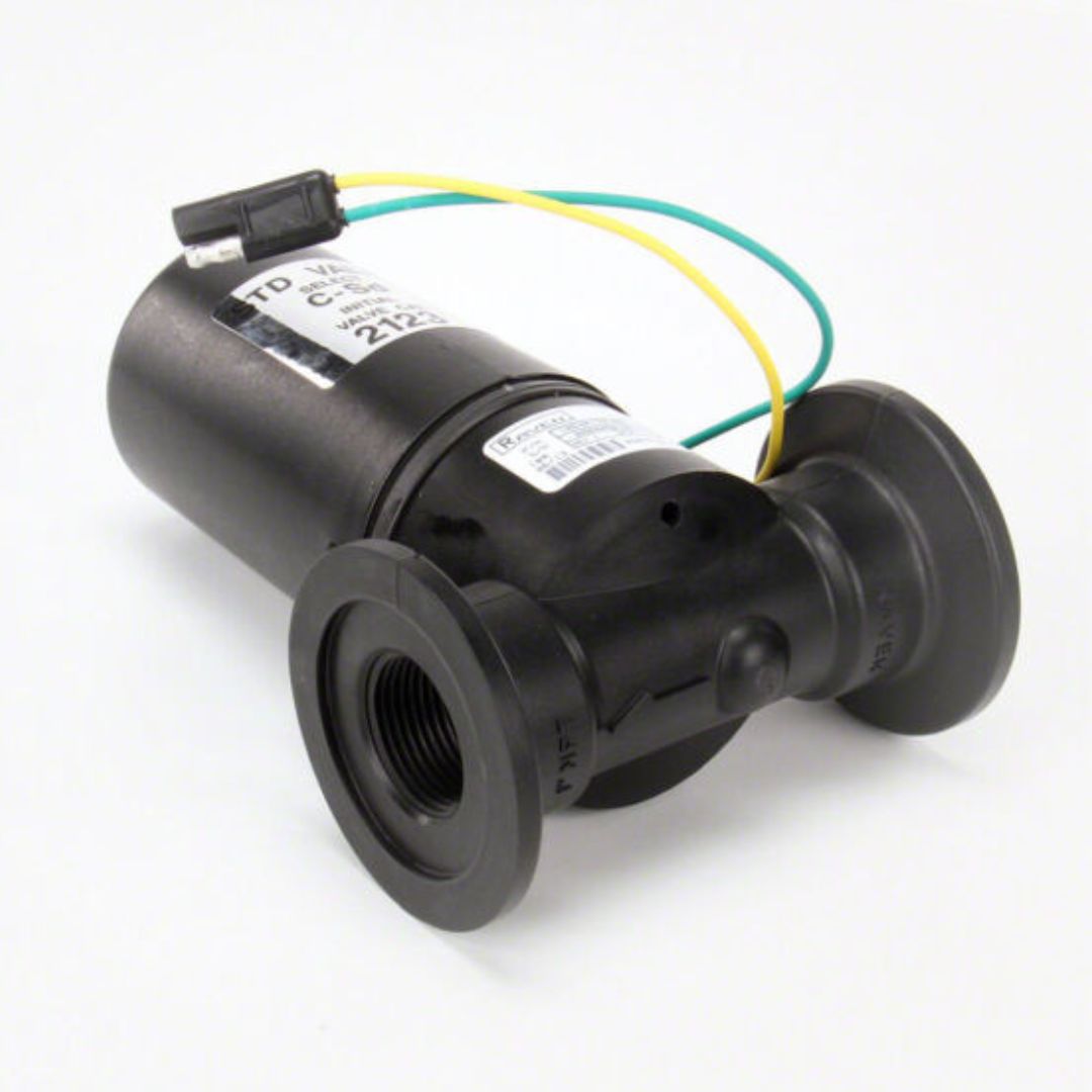 Close-up of a black cylindrical Raven 1" FPT/M200 Flange Standard Control Valve by Raven, designed for industrial applications. Neatly attached on top are two green and one yellow wire, alongside its threaded openings.
