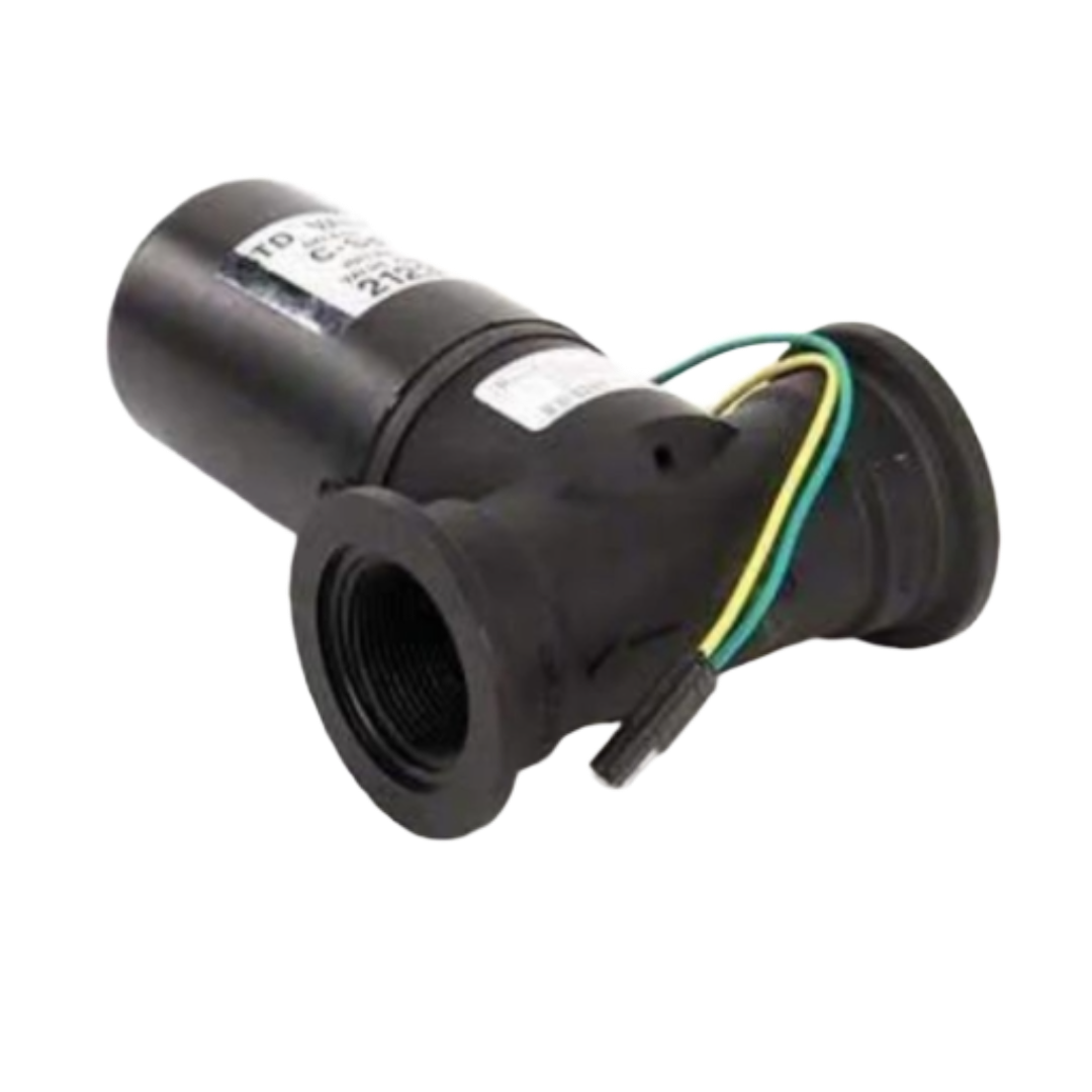 A Raven 1" Poly Control Valve featuring a black cylindrical housing with multicolored wires, designed for flow and pressure alteration in industrial settings.
