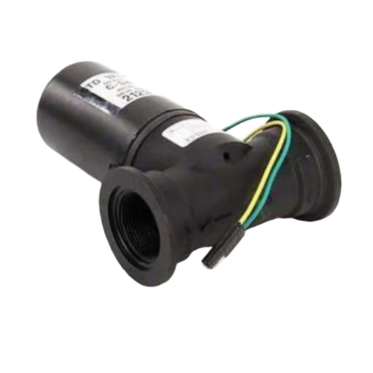 A Raven 1" Poly Control Valve featuring a black cylindrical housing with multicolored wires, designed for flow and pressure alteration in industrial settings.