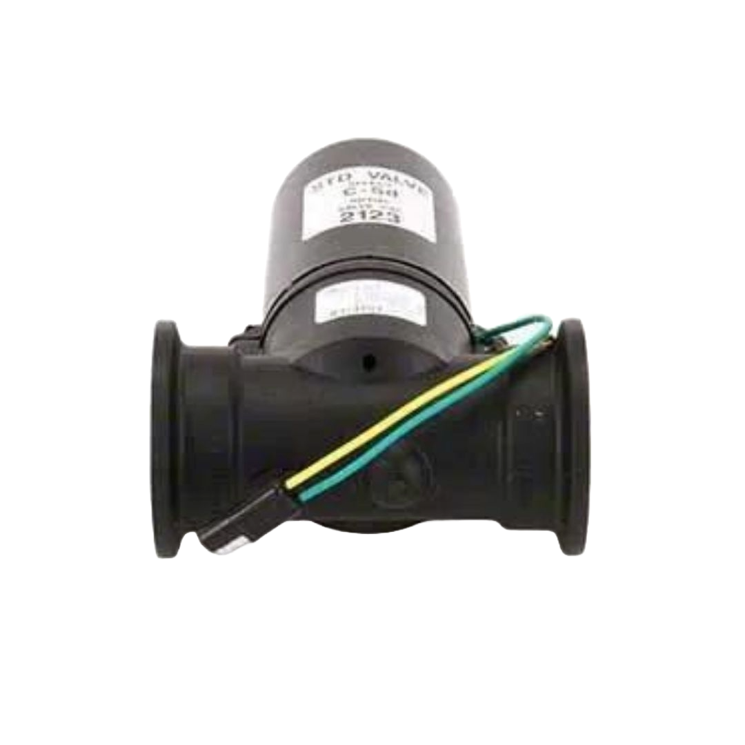 Front view of the Raven 1" Poly Control Valve with a stainless steel ball, featuring attached wires and expertly designed for precise flow and pressure alteration.