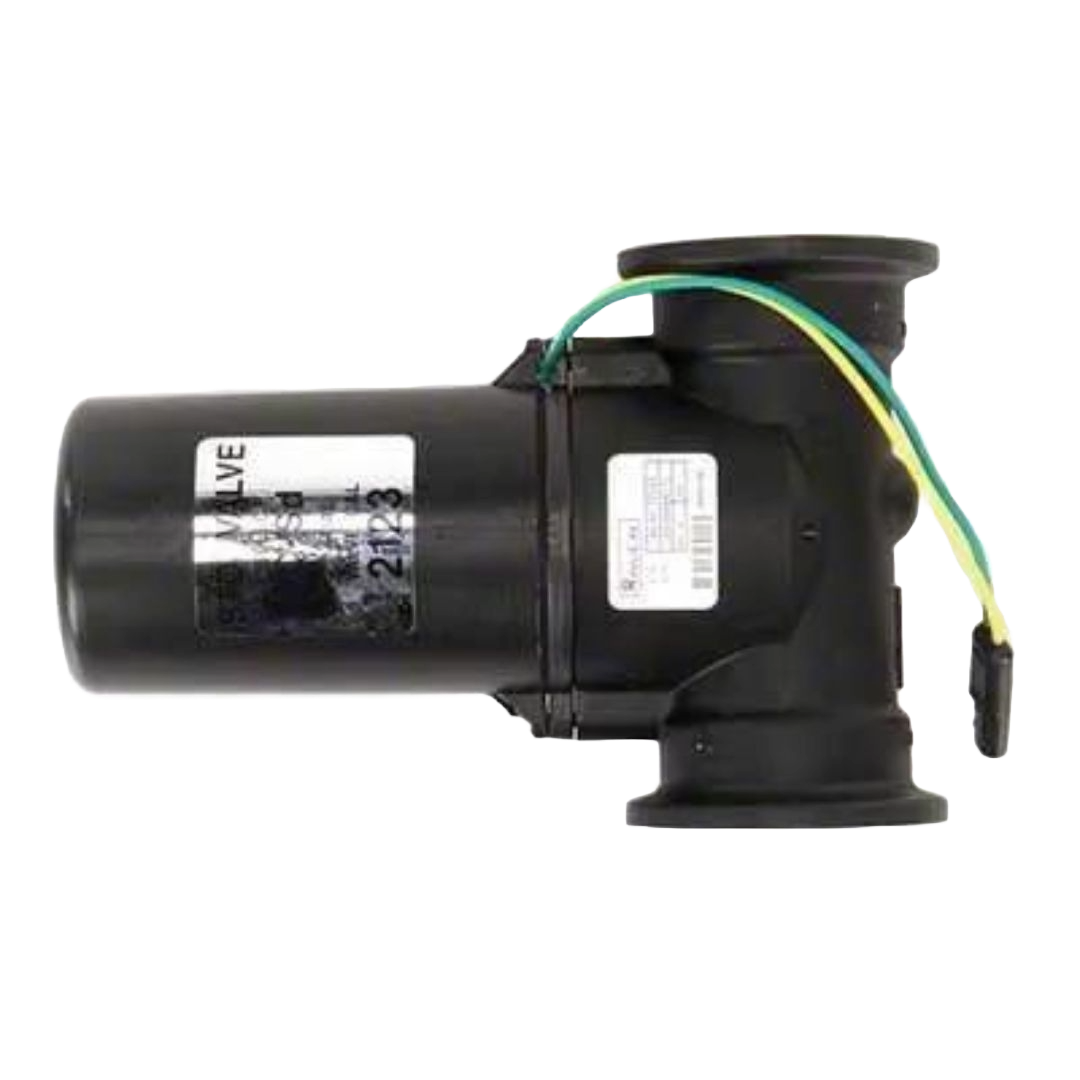 Raven 1" Poly Control Valve with a stainless steel ball, showcasing a black electronic design with wires and a cylindrical body, complete with labels and connectors against a white background. Ideal for precise alteration of flow and pressure in various applications.