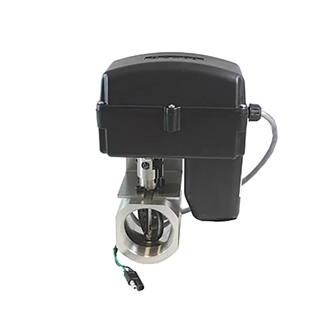An industrial electric actuator with a black casing, attached to the Raven Control Valve - 2" NPT Butterfly, Stainless Steel (063-0172-177), designed for automated fluid control.