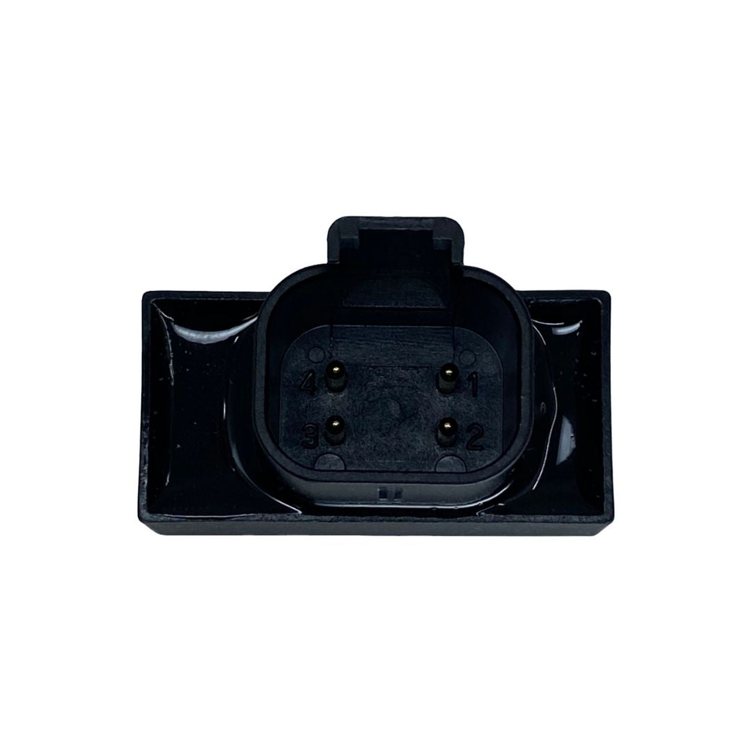 The Raven CAN Passive Terminator (063-0172-369) is a square black electrical connector with four metal pins and numbered slots, making it ideal for agricultural equipment communication.