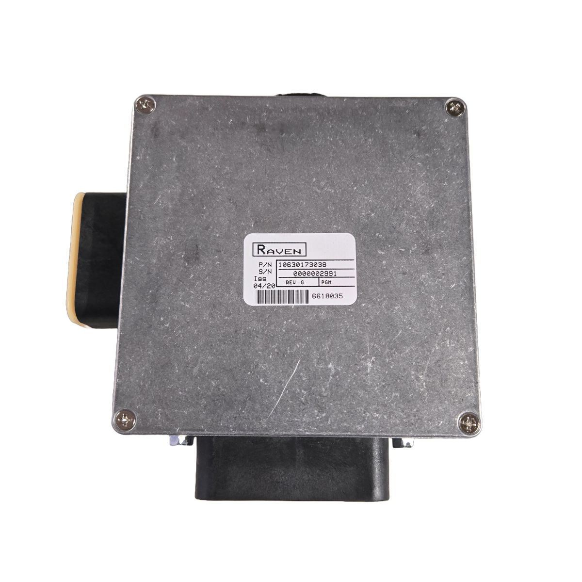 The Raven Interface Box (063-0173-038) is CAN Bus compatible, with barcode label and side connectors.