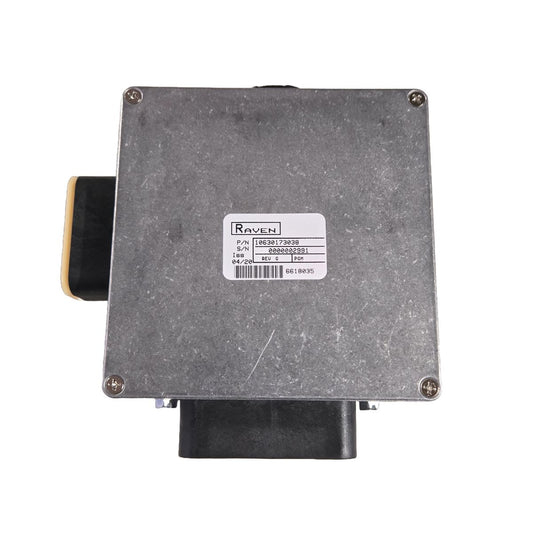 The Raven Interface Box (063-0173-038) is CAN Bus compatible, with barcode label and side connectors.