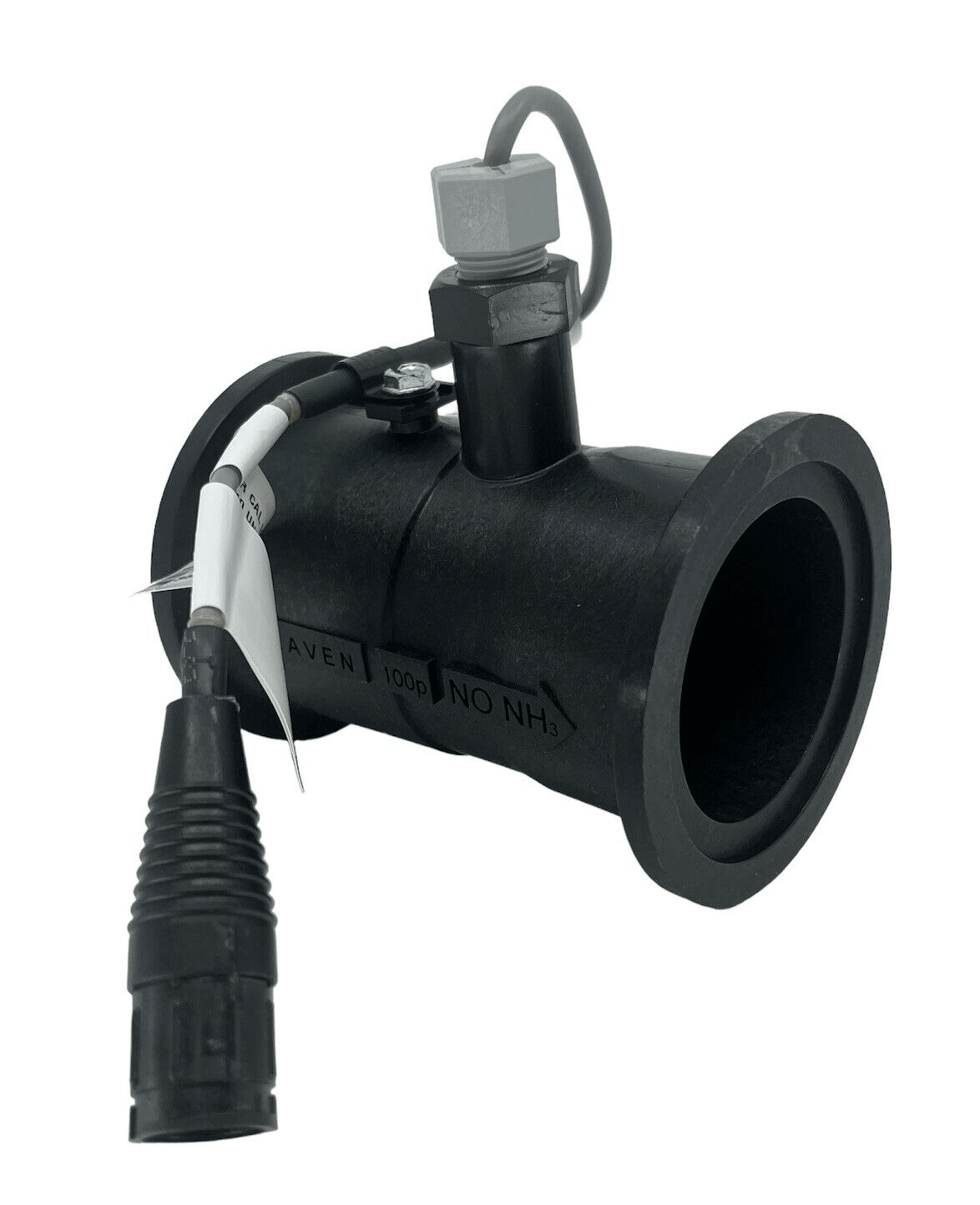 The Raven RFM 100 Poly Flow Meter, with a flow range of 5-100 GPM and M220 flange inlet and outlet connections, is designed in black polypropylene. It is equipped with a cable and sensor, making it ideal for agricultural use, and is elegantly highlighted against a white background to emphasize its sleek design.