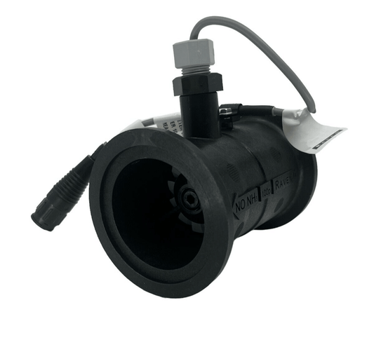 Close-up of a black plastic pipe fitting with connectors and wires attached, isolated on a white background, ideal for agricultural applications like integrating a Raven RFM 100 Poly Flow Meter (5-100 GPM) with M220 flange inlet and outlet.