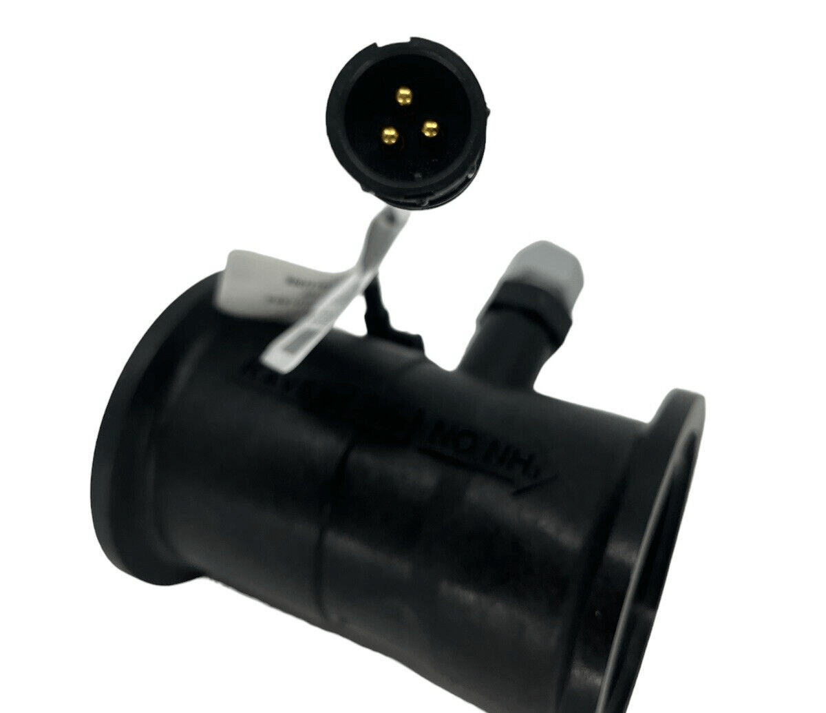 Close-up of a black cylindrical electrical connector with a three-pin plug on top, ideal for agricultural applications, such as the precise measurement offered by devices like the Raven RFM 100 Poly Flow Meter, 5-100 GPM, M220 Flange Inlet & Outlet.