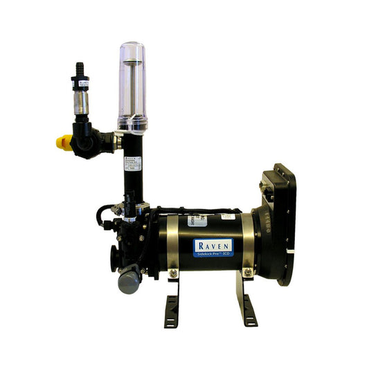 The Raven Sidekick Pro™ Injection Pump ICD 1-40 oz/Min (063-0173-768) by Raven is an industrial injection pump with a transparent vertical cylinder, black base, and integrated components, specifically designed for precise chemical applications against a plain white background.