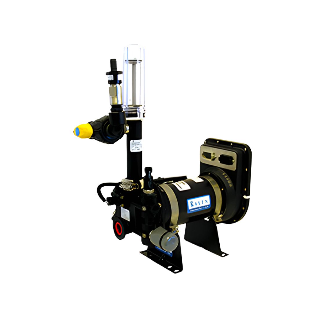 The Raven Sidekick Pro™ Injection Pump ICD 5-200 oz/Min (063-0173-769) is a high-performance industrial machinery component, designed specifically for precision chemical applications. This black unit includes various attached pipes and a cylindrical container, all mounted securely on a metal base.