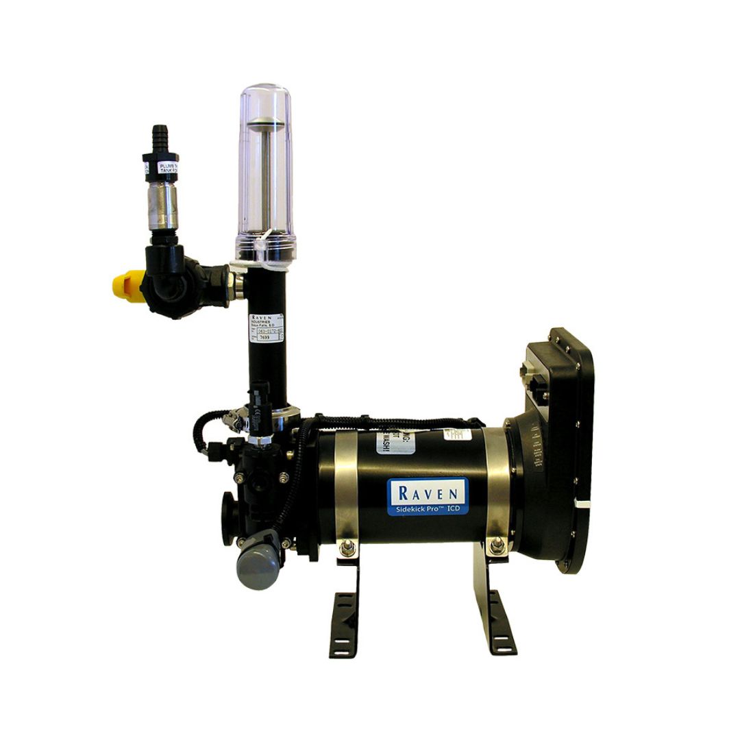 A Raven Sidekick Pro™ Injection Pump ICD 5-200 oz/Min (063-0173-769) in black and silver, featuring transparent tubing and valve attachments, ideal for precision chemical applications, mounted on a metal base.