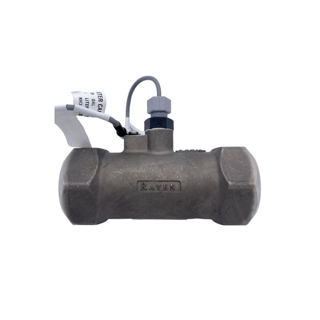 A Raven RFM 60S High Pulse Stainless Flow Meter designed for NH3 applications, featuring a black cylindrical shape with attached cables and made from stainless steel for long-lasting durability, accommodating flow rates of 1-60 GPM and equipped with a 1-1/2" FPT fitting.