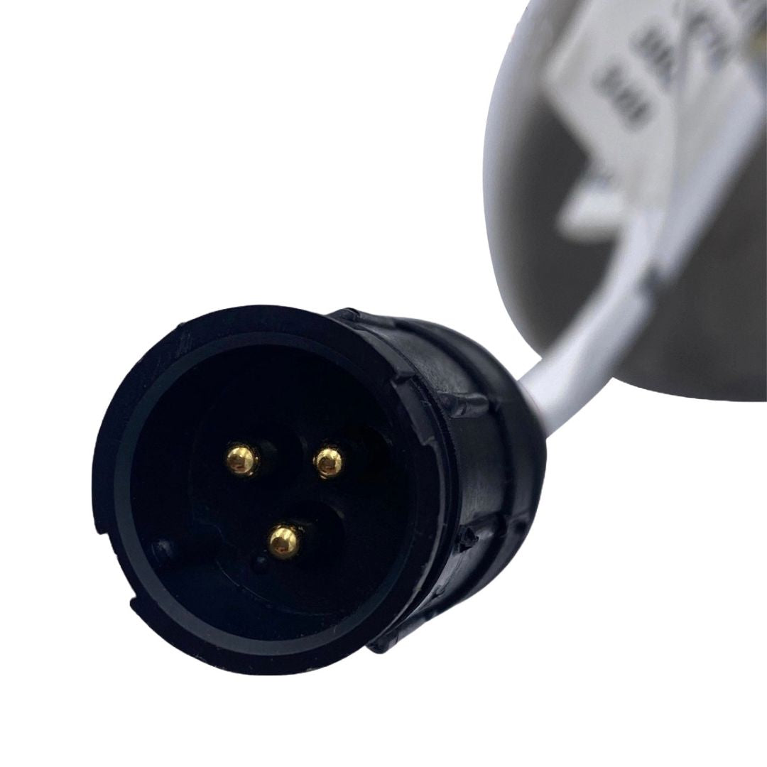 A close-up of a black three-pin connector with a white cable, ideal for use in conjunction with the Raven RFM 60S High Pulse Stainless Flow Meter for NH3 applications, set against a simple white backdrop.