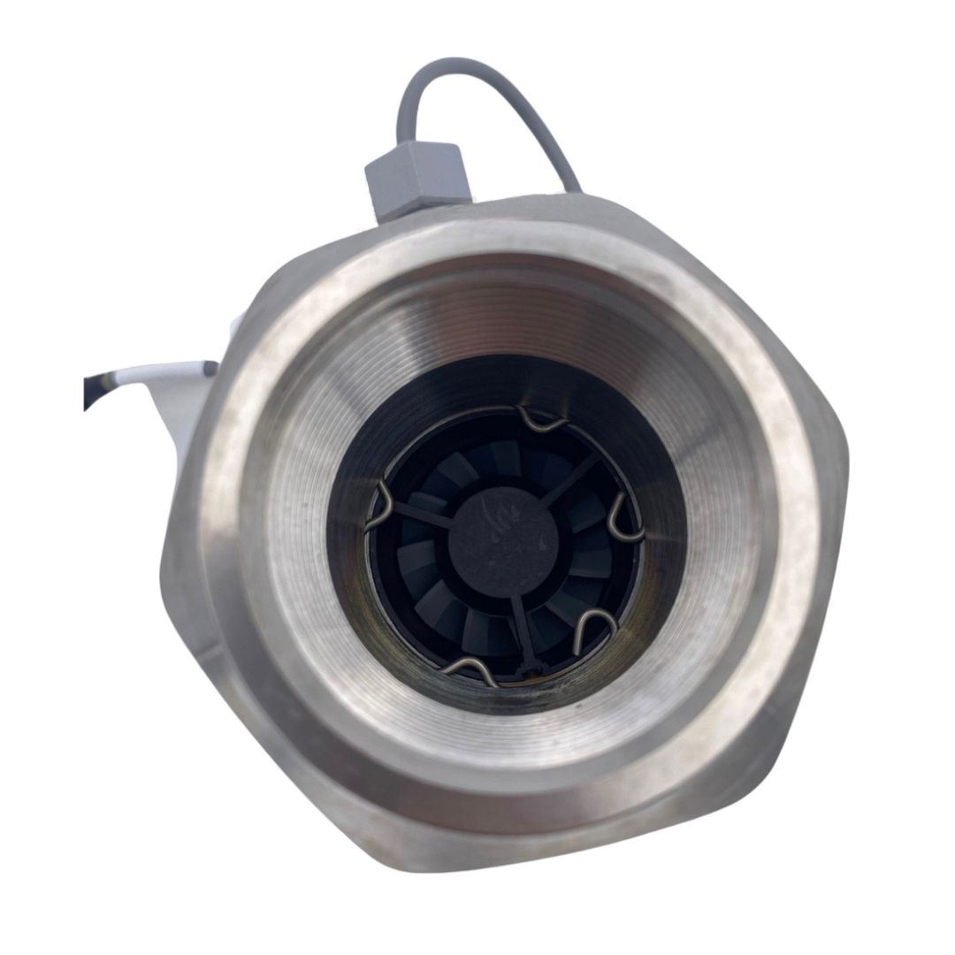 Close-up of a Raven RFM 60S High Pulse Stainless Flow Meter, designed for NH3 applications, featuring a metal cylindrical shape with an open end and visible internal components, viewed from above.