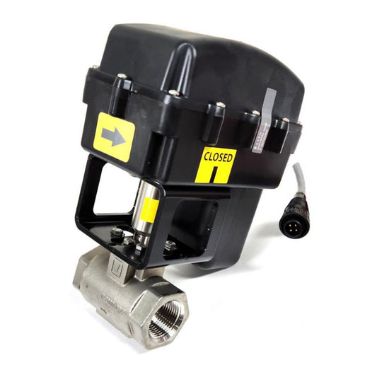 Attached to a metallic pipe fitting is the Raven 1" FPT NH3 On/Off Shutoff Valve, a black industrial valve actuator with a "CLOSED" label and a direction arrow, specifically designed for agricultural applications.