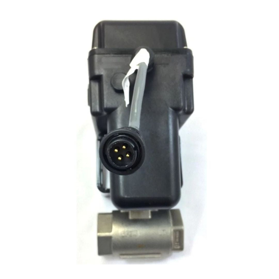 Close-up view of the Raven 1" FPT NH3 On/Off Shutoff Valve featuring a black plastic casing, a wired connector, and a metallic component at the bottom, designed for precise anhydrous ammonia control in agricultural applications.