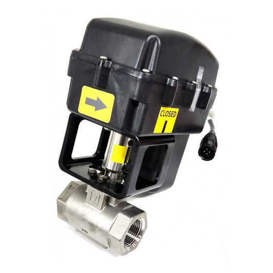 The Raven 1" FPT Standard Control Valve, featuring a black and silver design with a yellow "closed" label and directional arrow, is ideal for agricultural environments. This valve is perfect for precise control in anhydrous ammonia applications and comes equipped with a 4-pin Conxall connector and a 13-second cycle time.