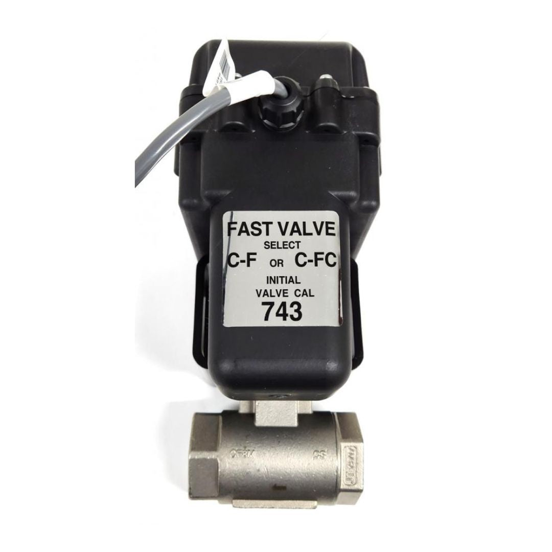 A black Raven 1" FPT Fast/Close NH3 Control Valve with a metallic valve beneath it. The label indicates "Select C-F or C-FC, Initial Valve Cal 743". Wires are attached, making it perfect for agricultural environments and especially suitable for anhydrous ammonia applications. This product features a 4-Pin Conxall connector and has a cycle time of 13 seconds.