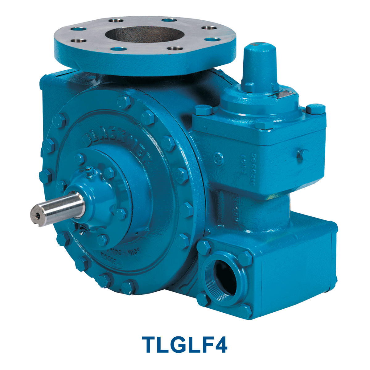 The Blackmer TLGLF4B Pump features a 4" flanged belly mount and a 1-1/4" cylindrical shaft, specifically designed for efficient transport operations with a high flow rate of 425 GPM. The text "TLGLF4" is prominently displayed below this high-flow Blackmer propane pump.