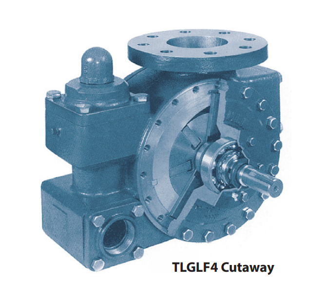 Industrial pump with a cutaway view illustrating internal mechanisms. Text below reads, "Blackmer TLGLF4B Cutaway - 4" flanged belly mount pump with 1-1/4" shaft, engineered for high-flow propane transport at up to 425 GPM.