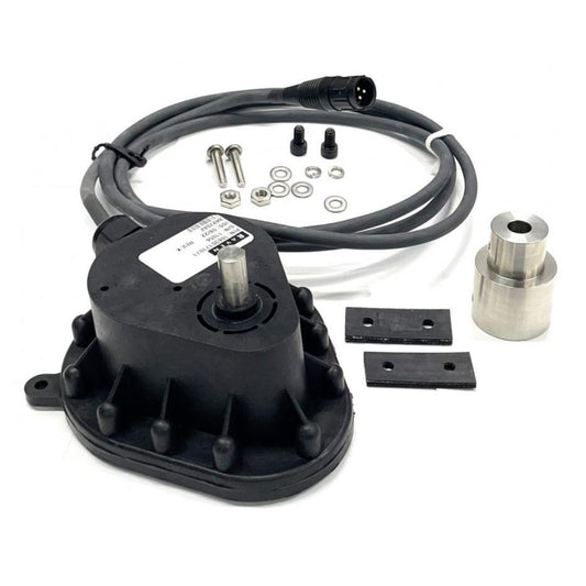 A Raven Granular Encoder with a 25-foot cable, rotating at 50 RPM and offering 180 CPR (model number 063-0171-443) is arranged on a white background alongside its shaft, power cable, screws, washers, and metal fittings. Ideal for agricultural applications, this setup offers versatility and efficiency in various tasks by seamlessly integrating precision sensors for optimized performance.