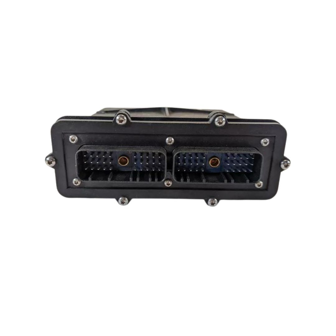 The Raven AccuBoom / Boom Sense Control Node (063-0172-714) by Raven is a rectangular electronic connector featuring multiple blue and gold pins, encased in a black plastic housing with screw mounts on the edges, specifically designed for precision spraying applications.