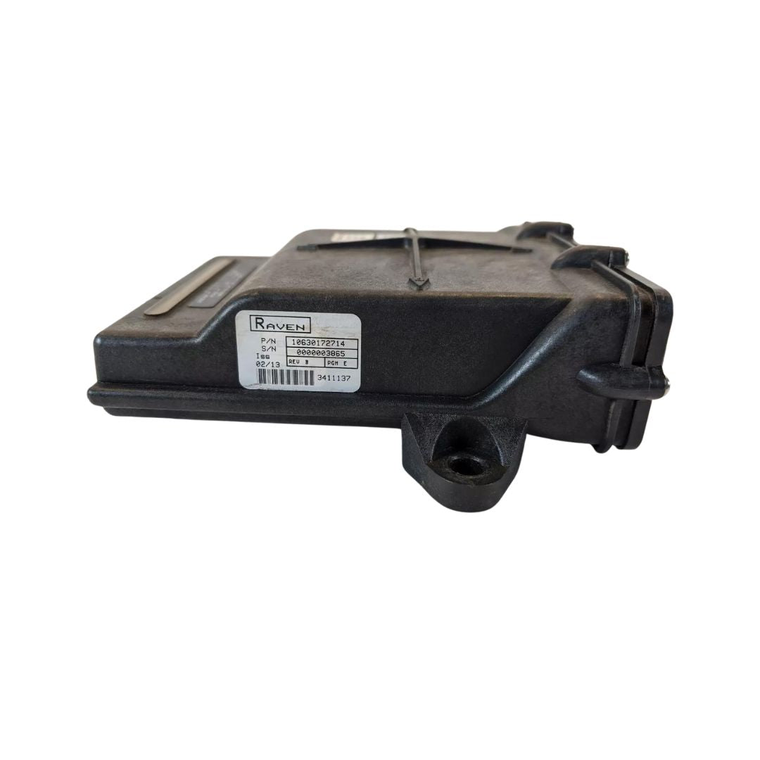 A Raven AccuBoom / Boom Sense Control Node (063-0172-714) electrical device, designed for precision spraying, with a sticker label displaying product and serial information, set against a white background.