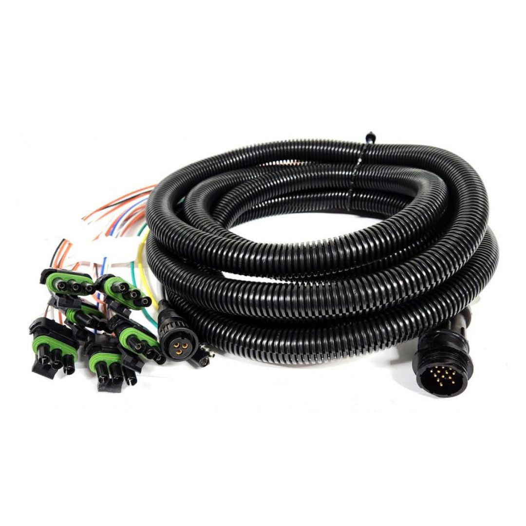 The Raven 12' Product Cable for 440/450 includes a coiled black wiring harness with multiple colored wires and green connectors, designed for use with SCS 440 systems in automotive or electronic applications. It features a 6-section boom, a 16-pin AMP plug, and a 3-pin Weatherpack.
