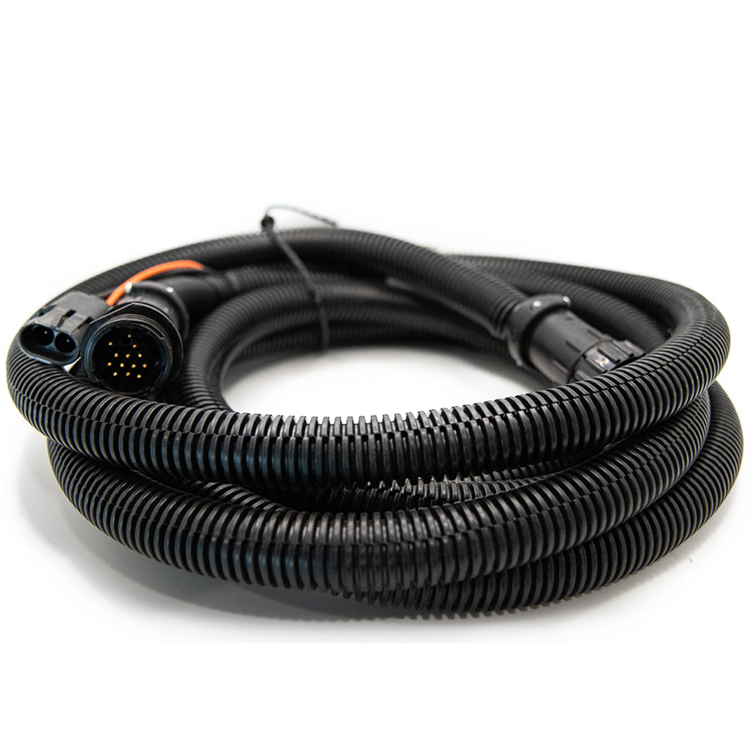 The Raven 10' Product Cable for DCS 400, featuring coiled black design and multiple-pin connectors at both ends, is crafted by Raven to facilitate mechanical or electrical connections in precision agriculture, providing seamless integration with devices like the DCS 400 for improved agricultural applications.
