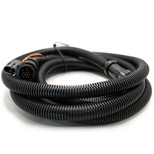 The Raven 10' Product Cable for DCS 400, featuring coiled black design and multiple-pin connectors at both ends, is crafted by Raven to facilitate mechanical or electrical connections in precision agriculture, providing seamless integration with devices like the DCS 400 for improved agricultural applications.