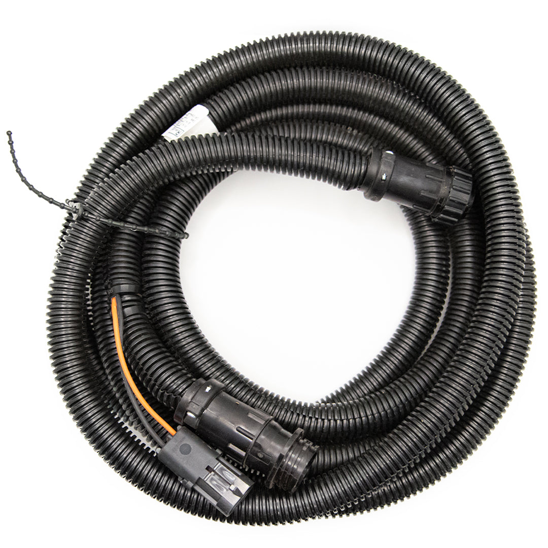 Raven 10' Product Cable for DCS 400, a black coiled automotive wiring harness with connectors on each end, specifically designed for precision agriculture, isolated against a white background.