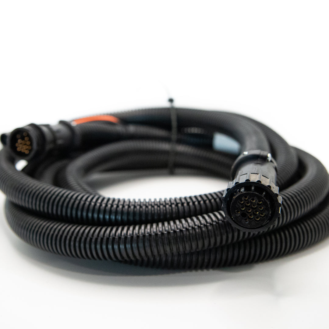 Raven 10' Product Cable for DCS 400, featuring a coiled black corrugated design with connectors on each end, showcased on a white background.