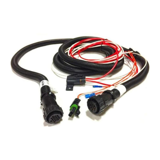 The Raven 10FT Console Cable for the 440/450 Controller is a coiled automotive wire harness featuring multiple connectors and colored wires, including black, red, and white. It's designed for precision agriculture applications and includes a 16 Pin Amp Plug to ensure seamless integration with advanced systems.