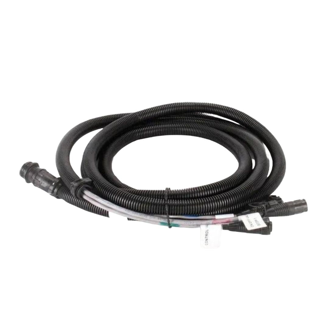 The Raven Cable 12' Prod NH3 Single Sec is a coiled black automotive wiring harness featuring multiple connectors and labeled tags attached to the cables, along with a 12-foot extension for added reach.